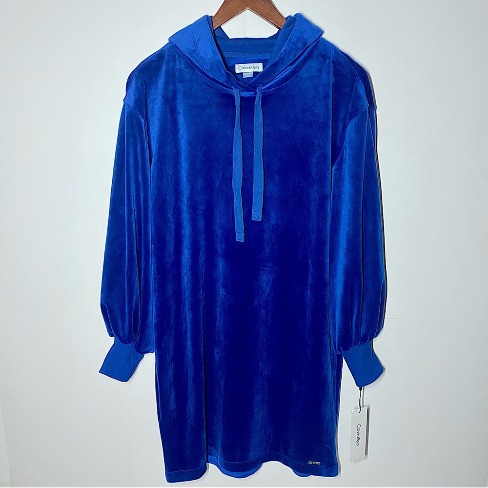 NWT Calvin Klein Blue Velour Hoodie Dress | Size S | Comfy Velvet Oversized Fit